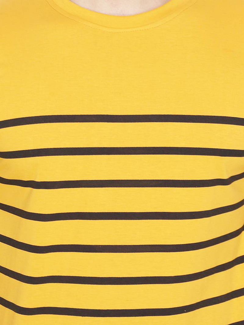 Men's Yellow Cotton Blend Striped Round Neck Tees