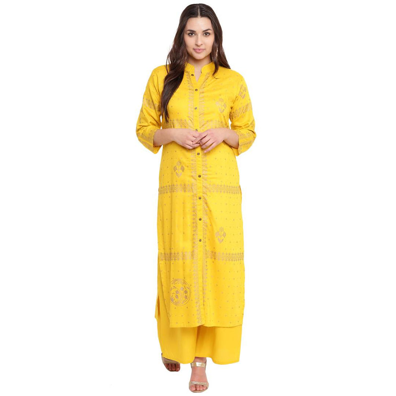 Reliable Yellow Printed Rayon Straight Women Kurta Palazzo Set