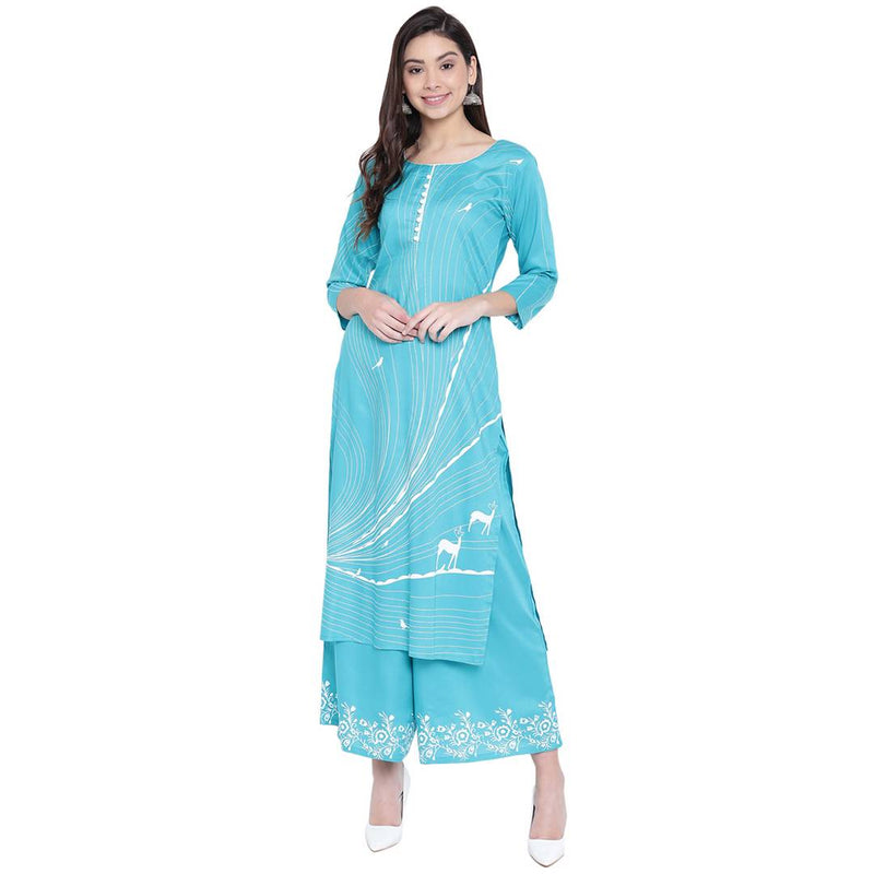 Turquoise Printed Rayon Straight Women Kurta Palazzo Set