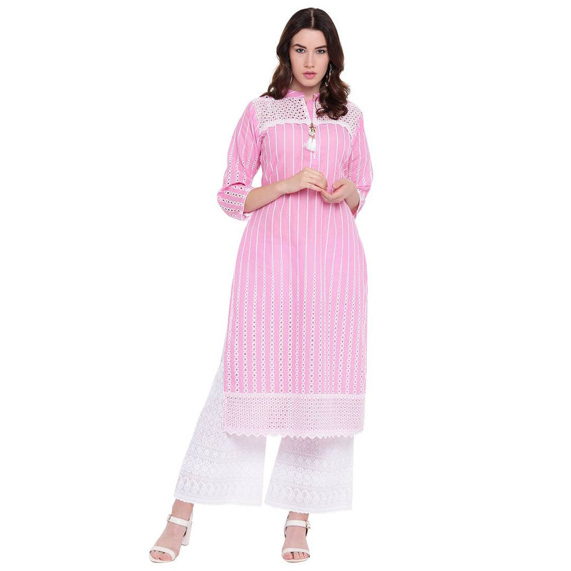 Pink Embroidered Rayon Straight Women Kurta Palazzo Set