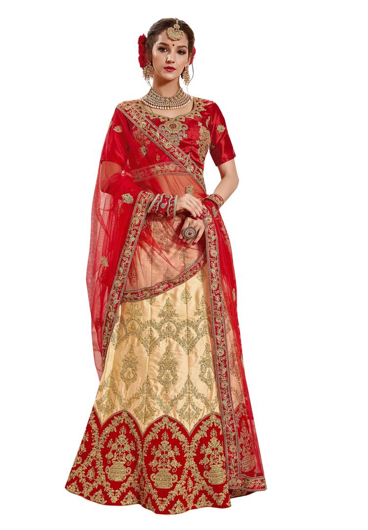 Beige Embroidered Satin Semi-Stitched Lehenga Choli With Dupatta