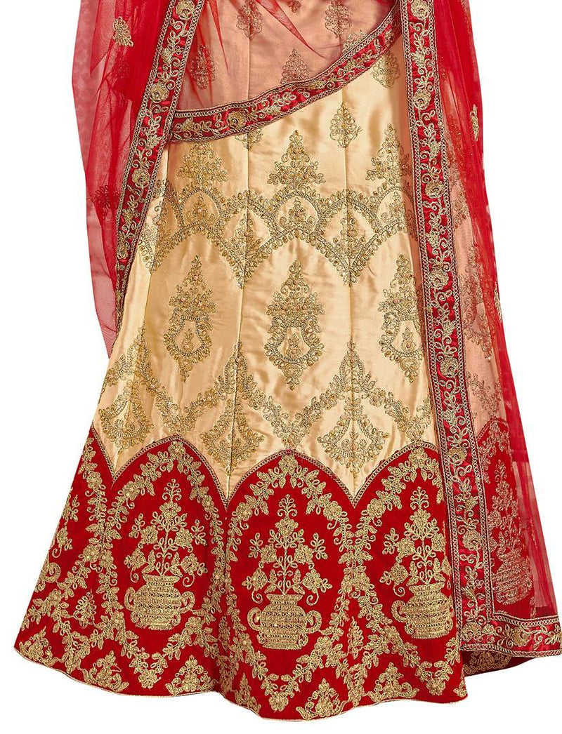 Beige Embroidered Satin Semi-Stitched Lehenga Choli With Dupatta