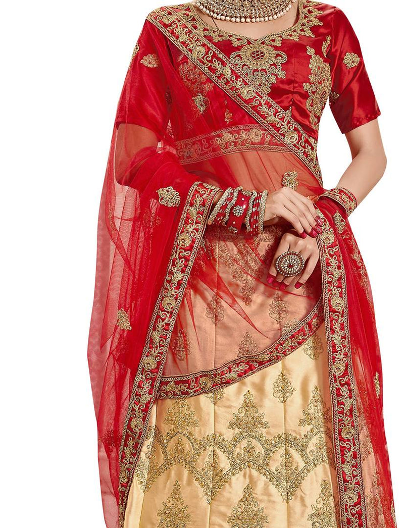 Beige Embroidered Satin Semi-Stitched Lehenga Choli With Dupatta