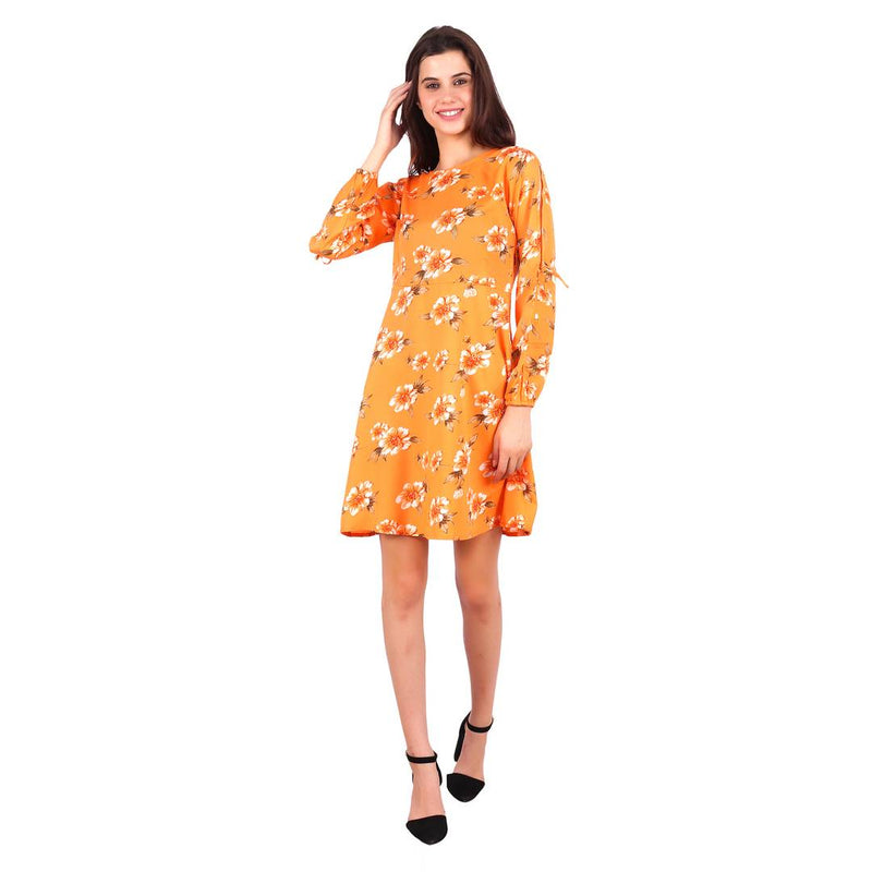 Orange Printed Crepe Women's Dress