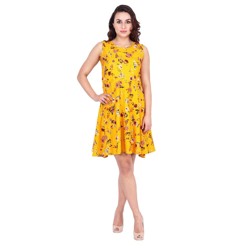 Yellow Printed Crepe Women's Dress