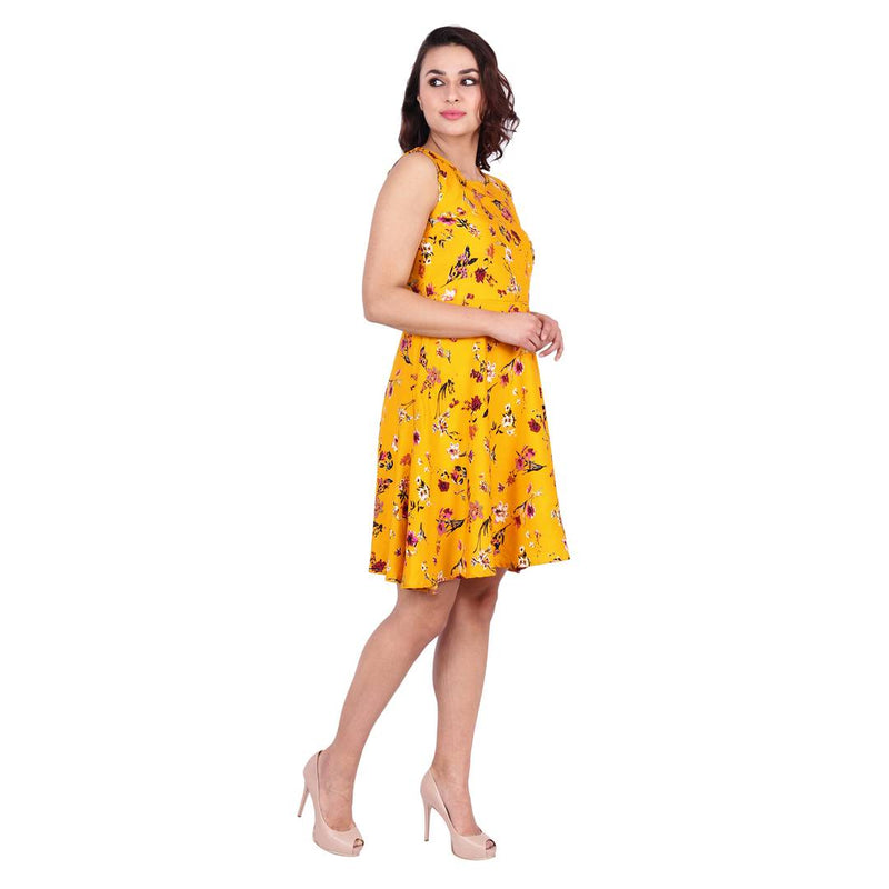 Yellow Printed Crepe Women's Dress