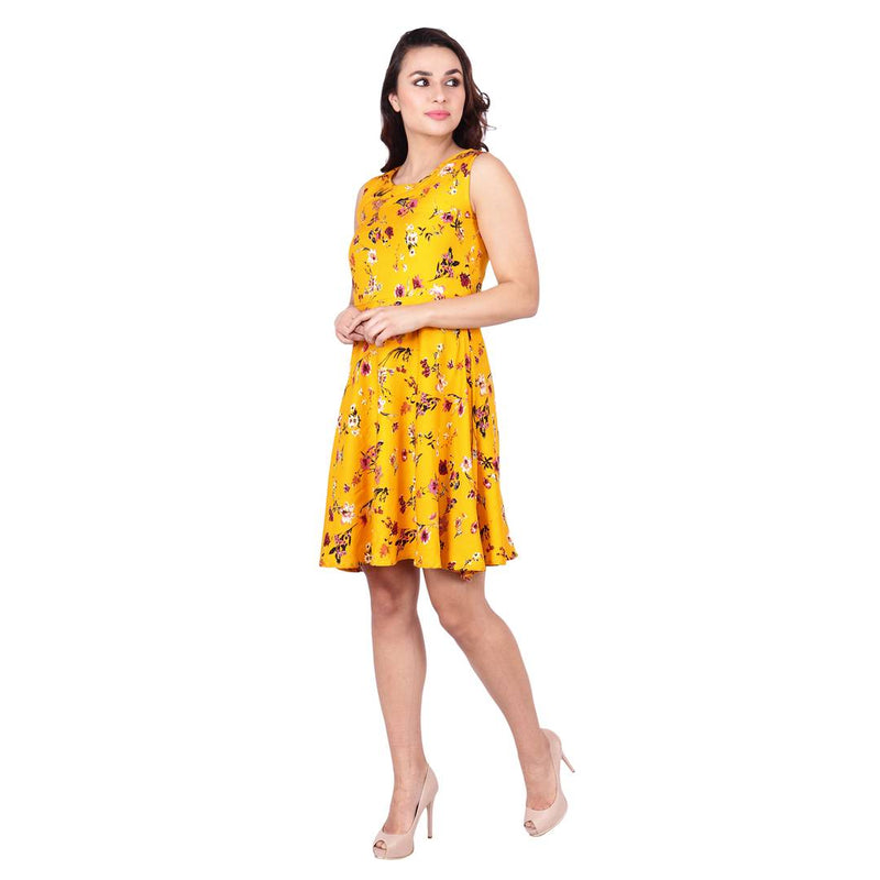 Yellow Printed Crepe Women's Dress