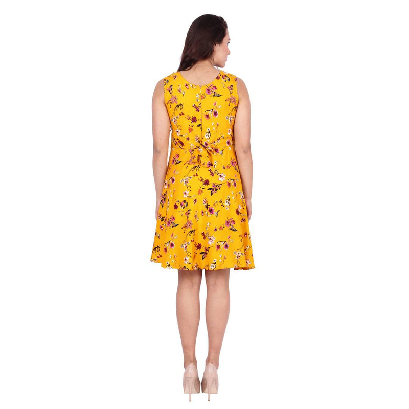 Yellow Printed Crepe Women's Dress