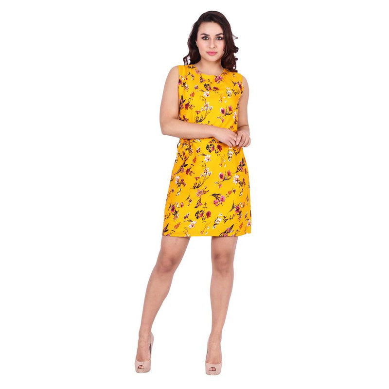 Yellow Printed Crepe Women's Dress