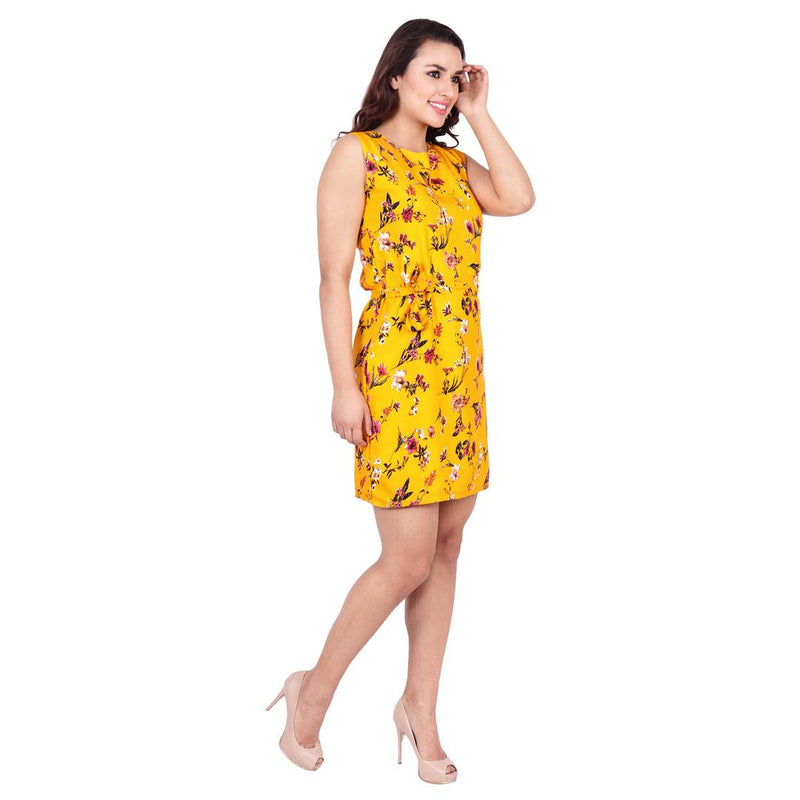 Yellow Printed Crepe Women's Dress