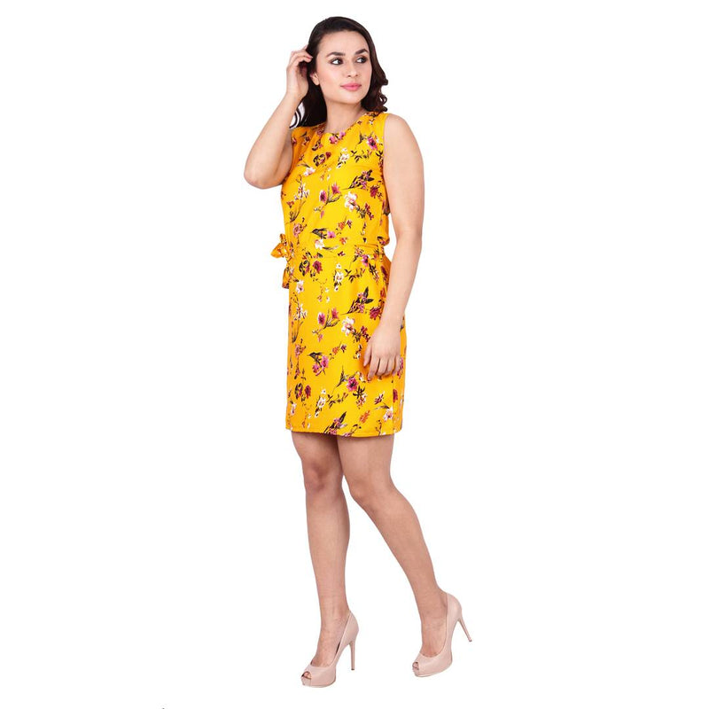 Yellow Printed Crepe Women's Dress