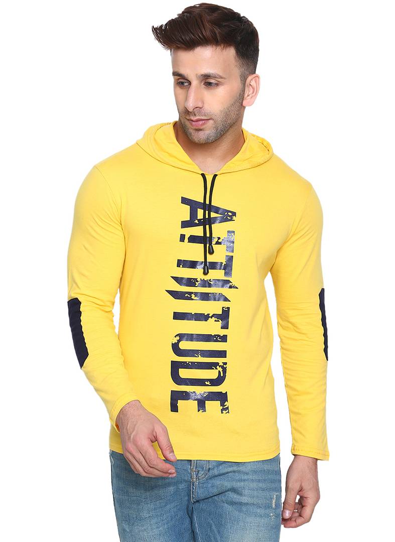 Men's Yellow Cotton Printed Hooded T-shirt