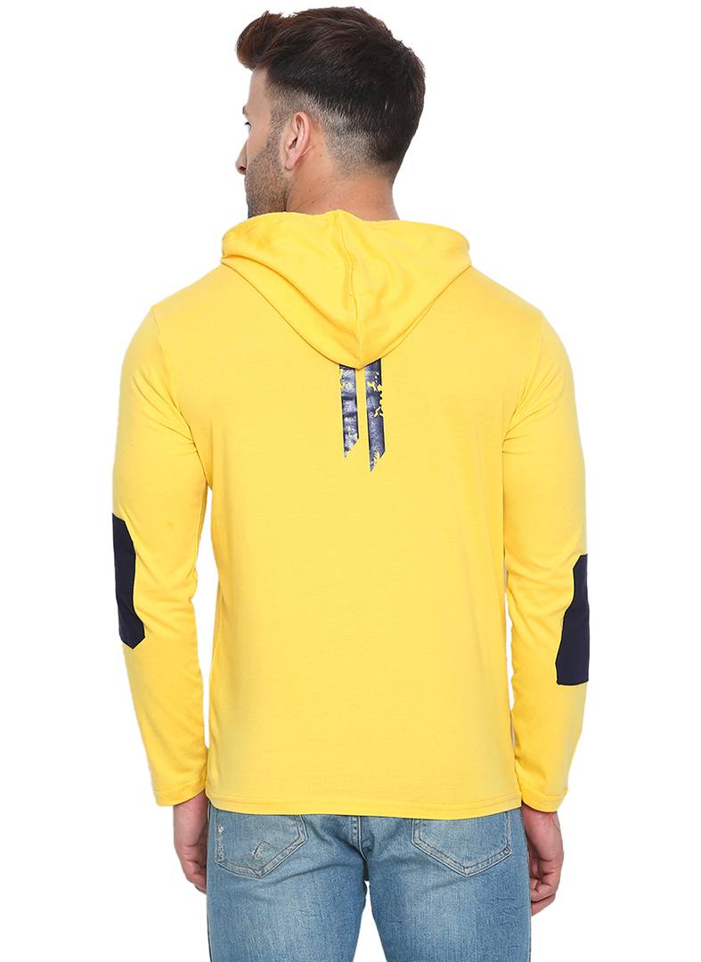 Men's Yellow Cotton Printed Hooded T-shirt