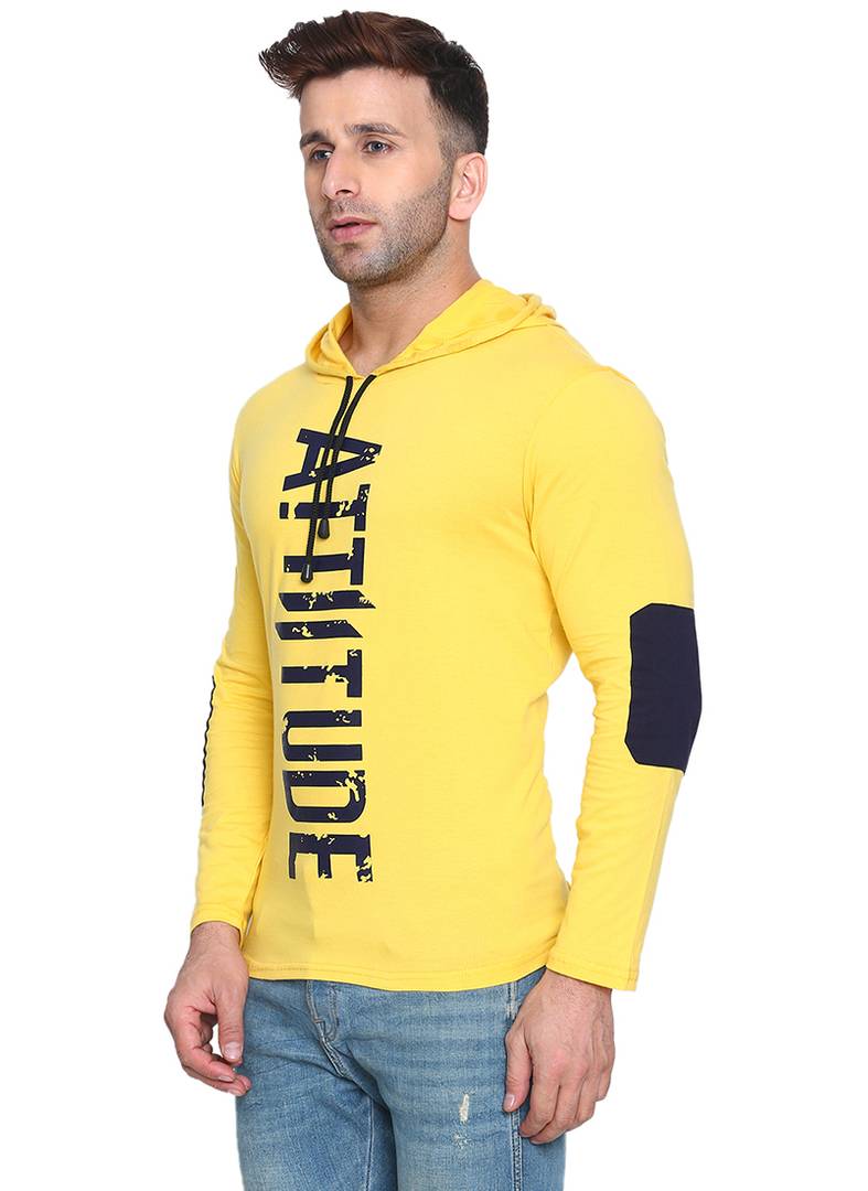 Men's Yellow Cotton Printed Hooded T-shirt