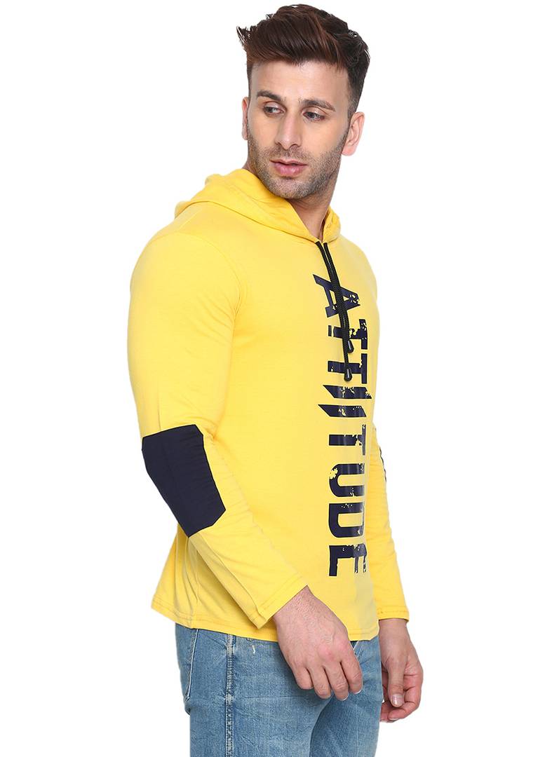 Men's Yellow Cotton Printed Hooded T-shirt