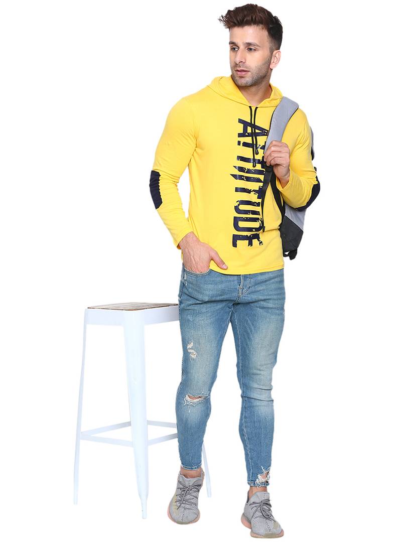 Men's Yellow Cotton Printed Hooded T-shirt