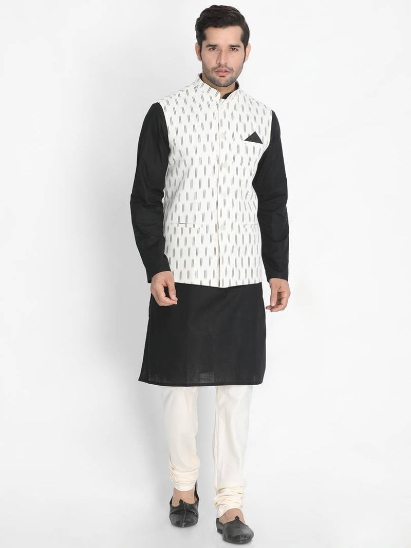 Men's Black Cotton  Solid Kurta, Bottom & Ethnic Jacket Sets