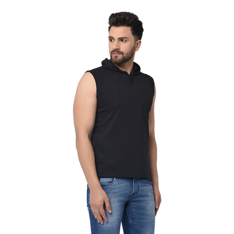 Black Solid Cotton Hooded T-Shirt