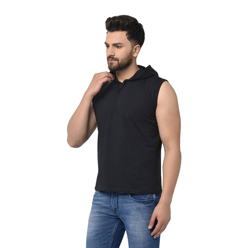 Black Solid Cotton Hooded T-Shirt