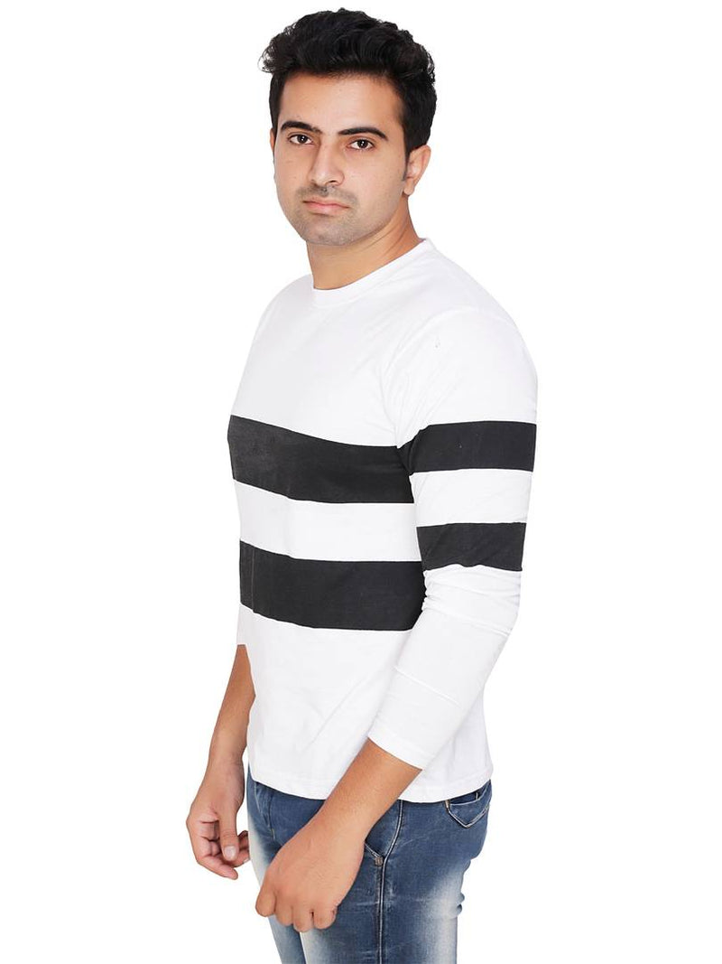 White Colourblocked Cotton Blend Round Neck T-Shirt For Men