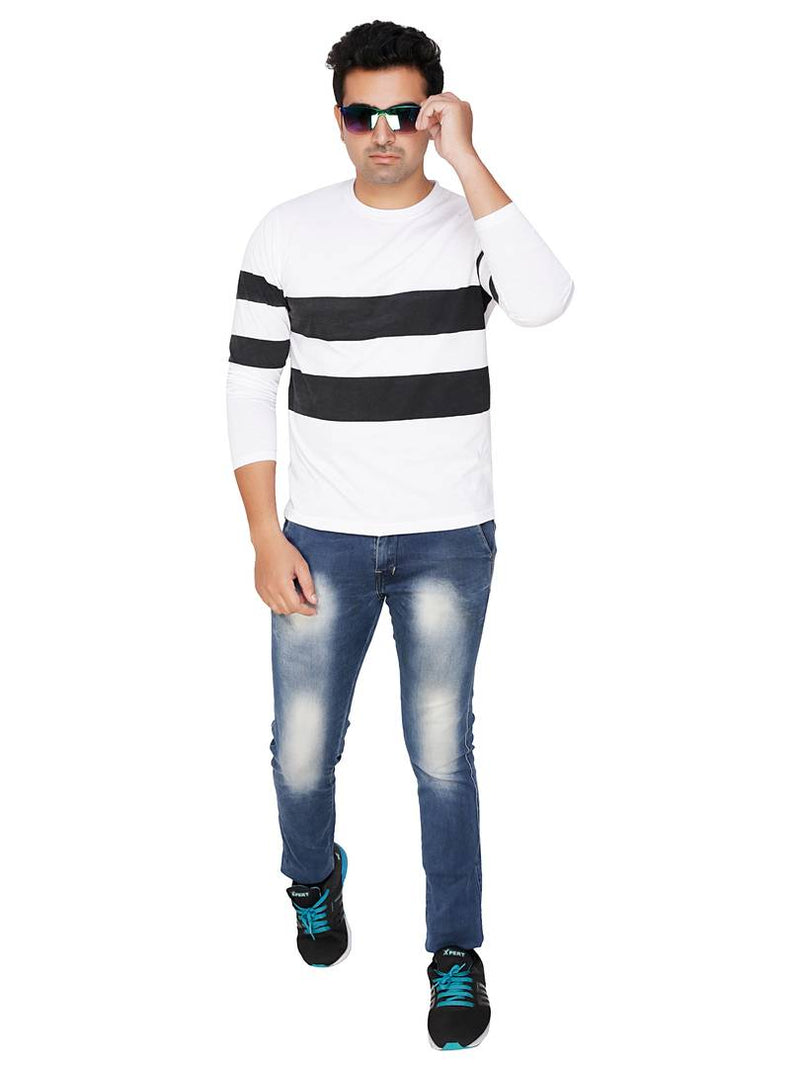 White Colourblocked Cotton Blend Round Neck T-Shirt For Men