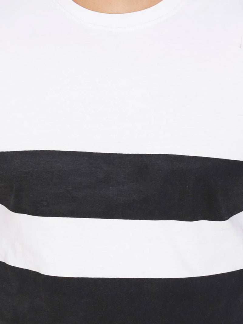 White Colourblocked Cotton Blend Round Neck T-Shirt For Men