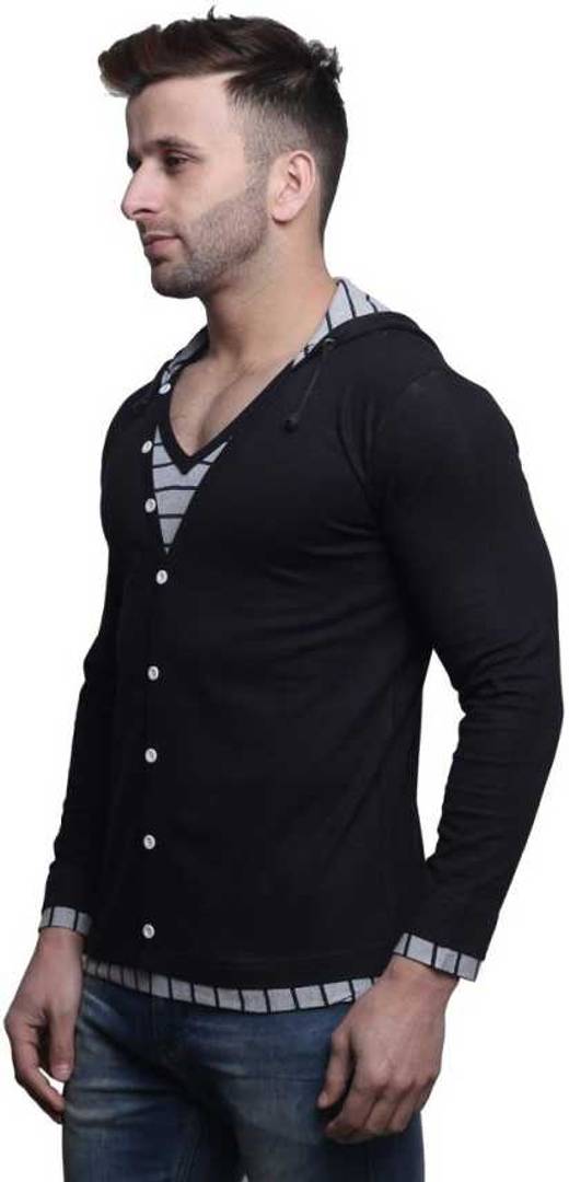 Men's Black Cotton Solid Hooded Tees