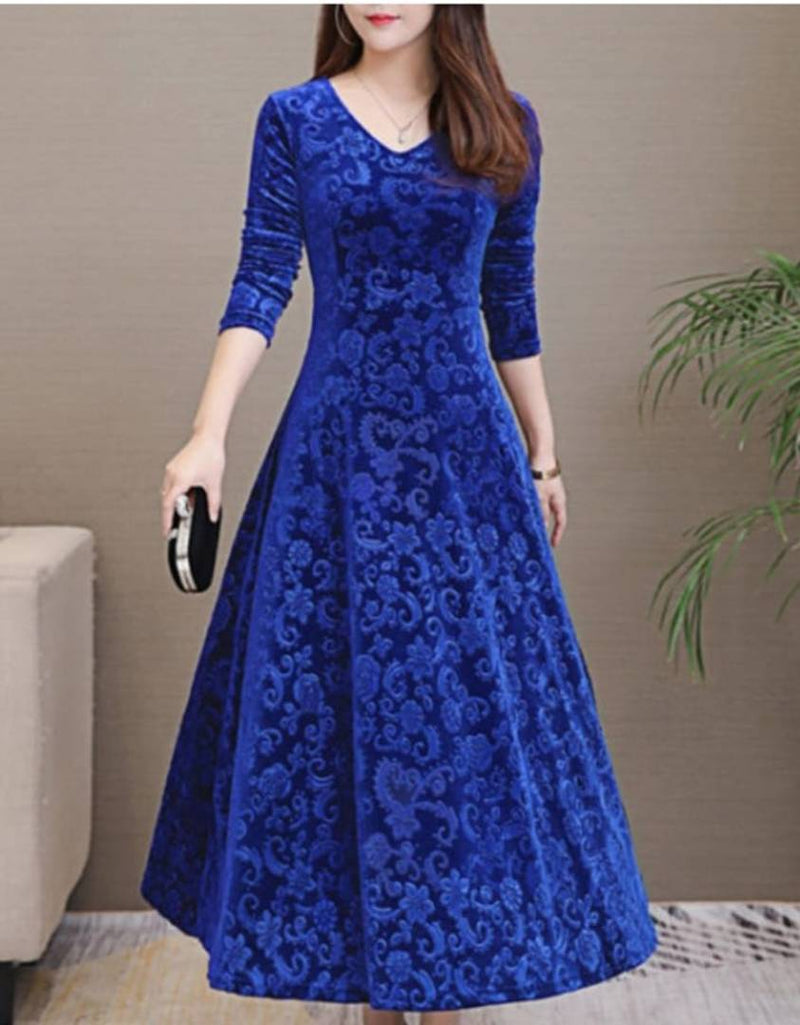 Royal Blue Self Pattern Velvet Long Dress