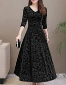 Black Self Pattern Velvet Long Dress