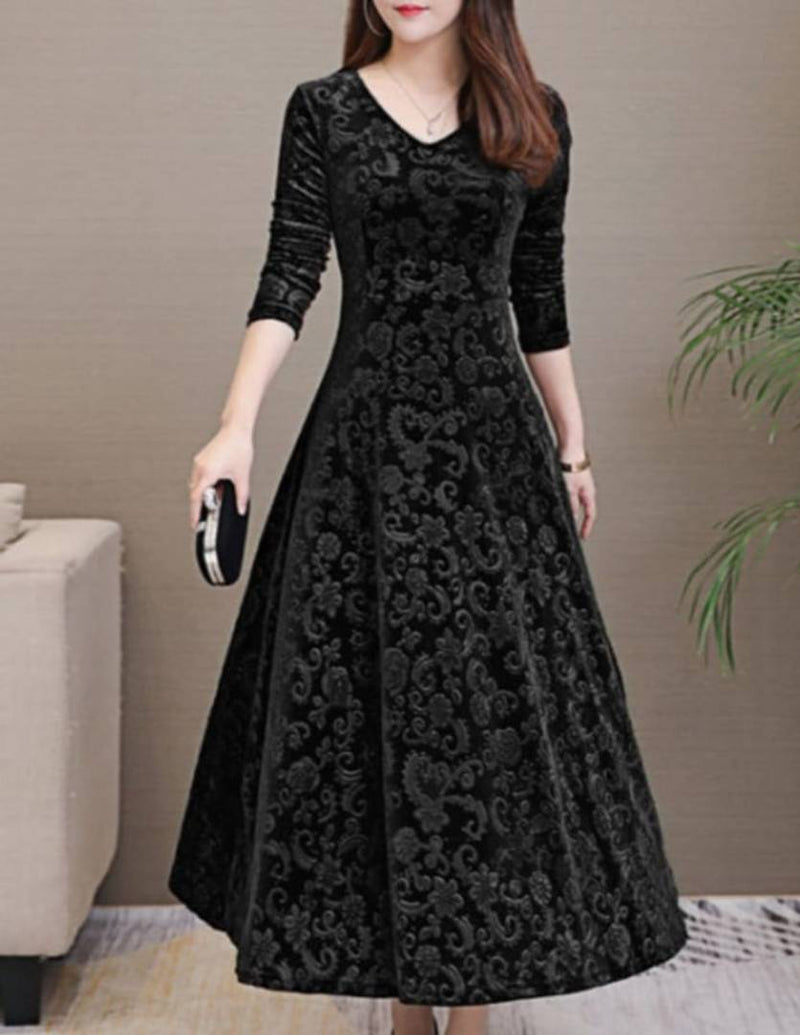 Black Self Pattern Velvet Long Dress