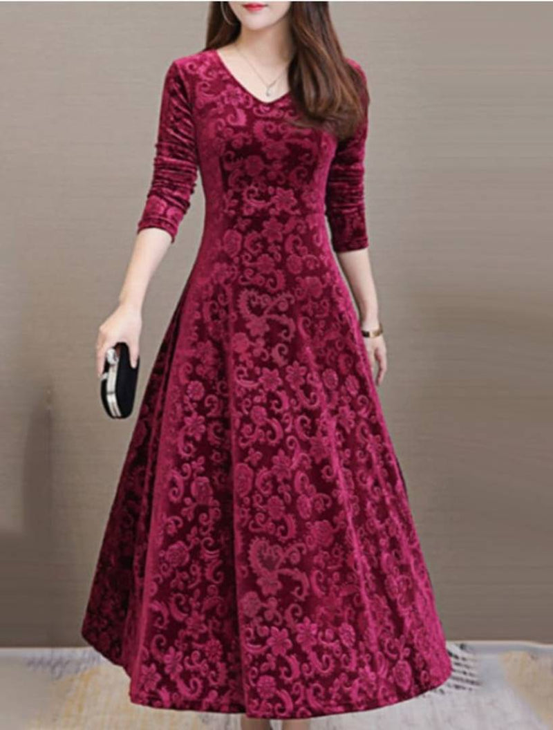 Maroon Self Pattern Velvet Long Dress