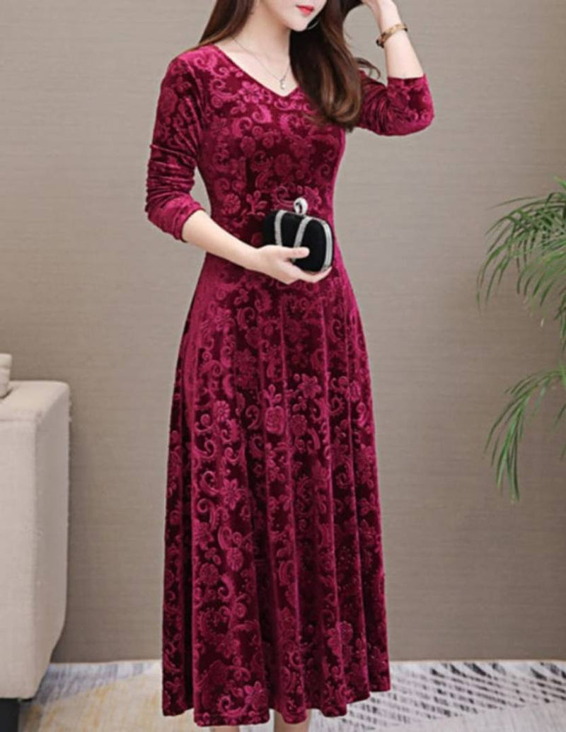 Maroon Self Pattern Velvet Long Dress