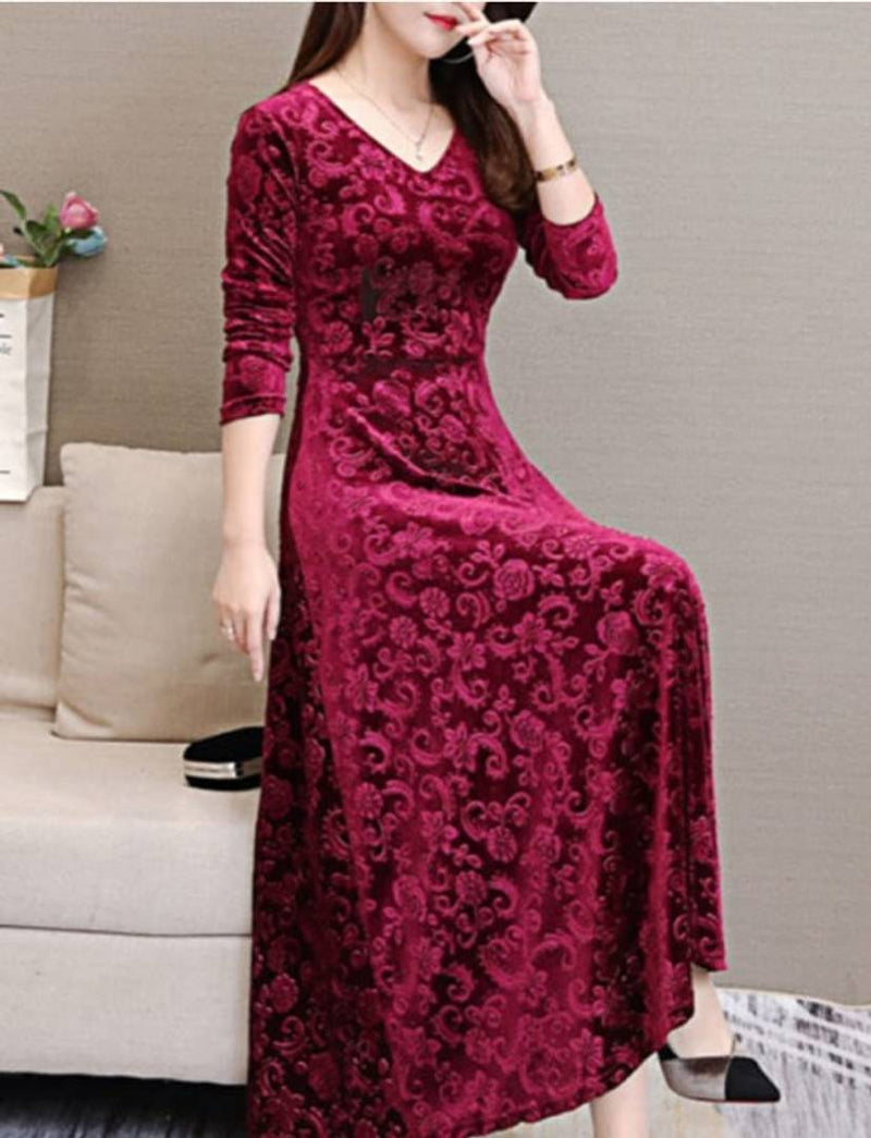 Maroon Self Pattern Velvet Long Dress