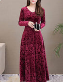 Maroon Self Pattern Velvet Long Dress