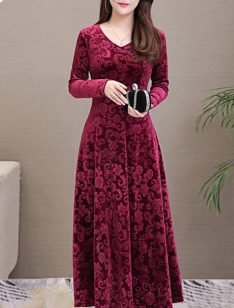 Maroon Self Pattern Velvet Long Dress