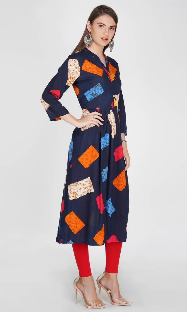 Women 3/4 Sleeve Multi Color Rayon A-Line Kurti