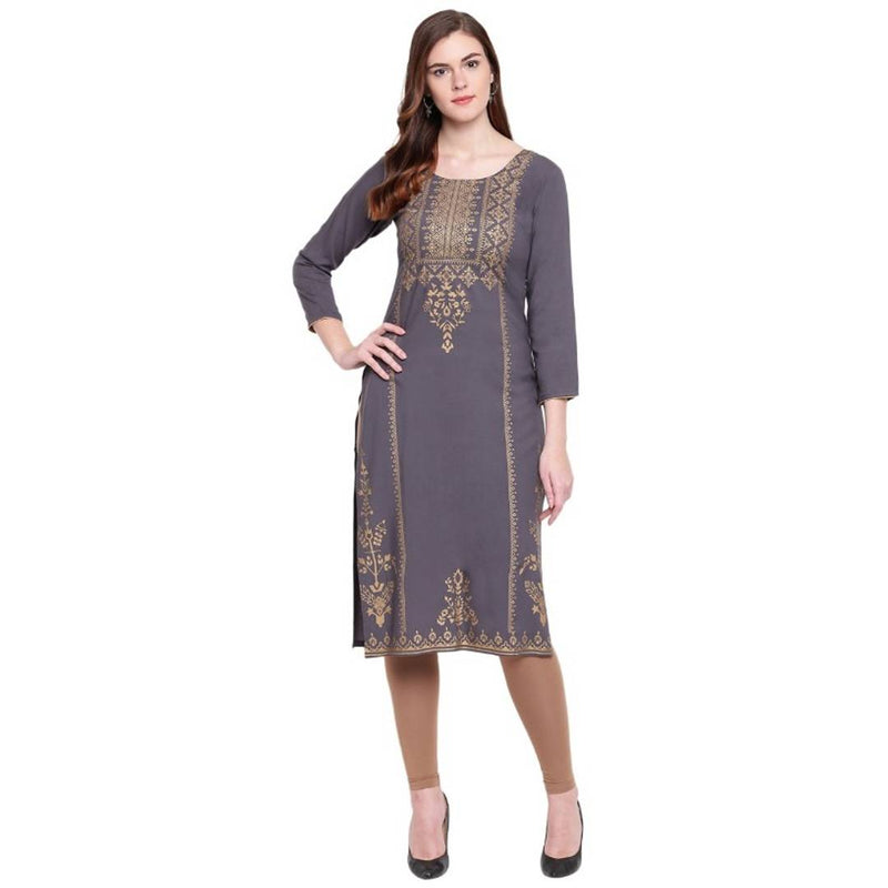 Women Foil Printed Cotton Rayon Blend Straight Fit Kurta