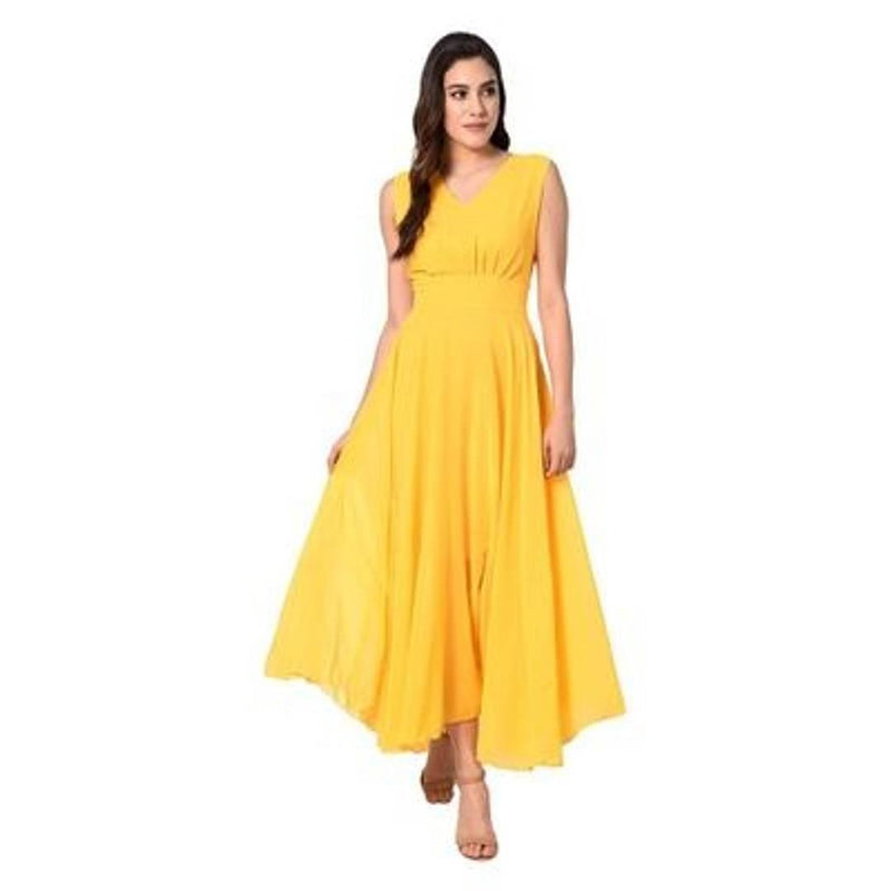 Yellow V-Neck Long Dress