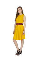 Women's Midi Length Solid Yellow Crepe Fit And Flare Dress