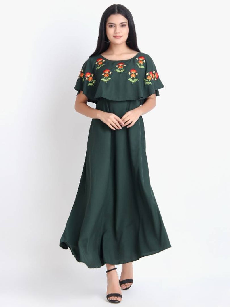 Women Green Crepe Cape Sleeve Maxi Dress