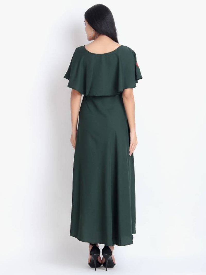 Women Green Crepe Cape Sleeve Maxi Dress