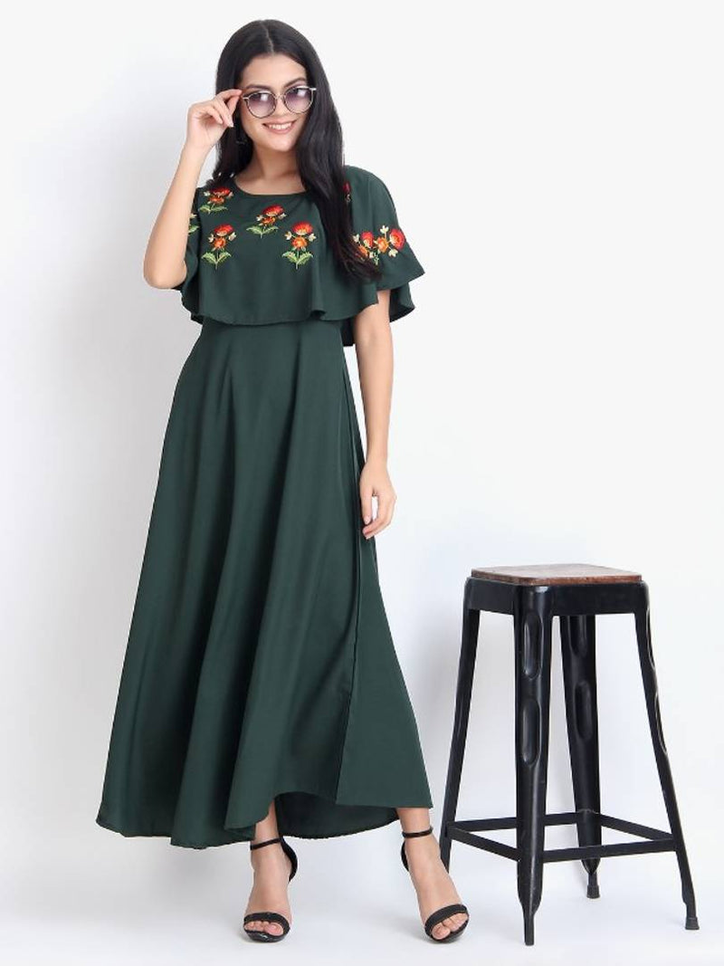 Women Green Crepe Cape Sleeve Maxi Dress