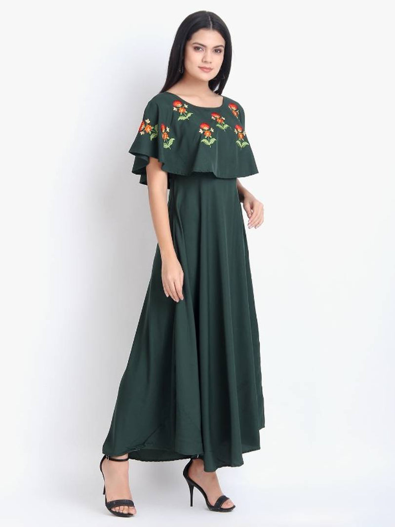 Women Green Crepe Cape Sleeve Maxi Dress