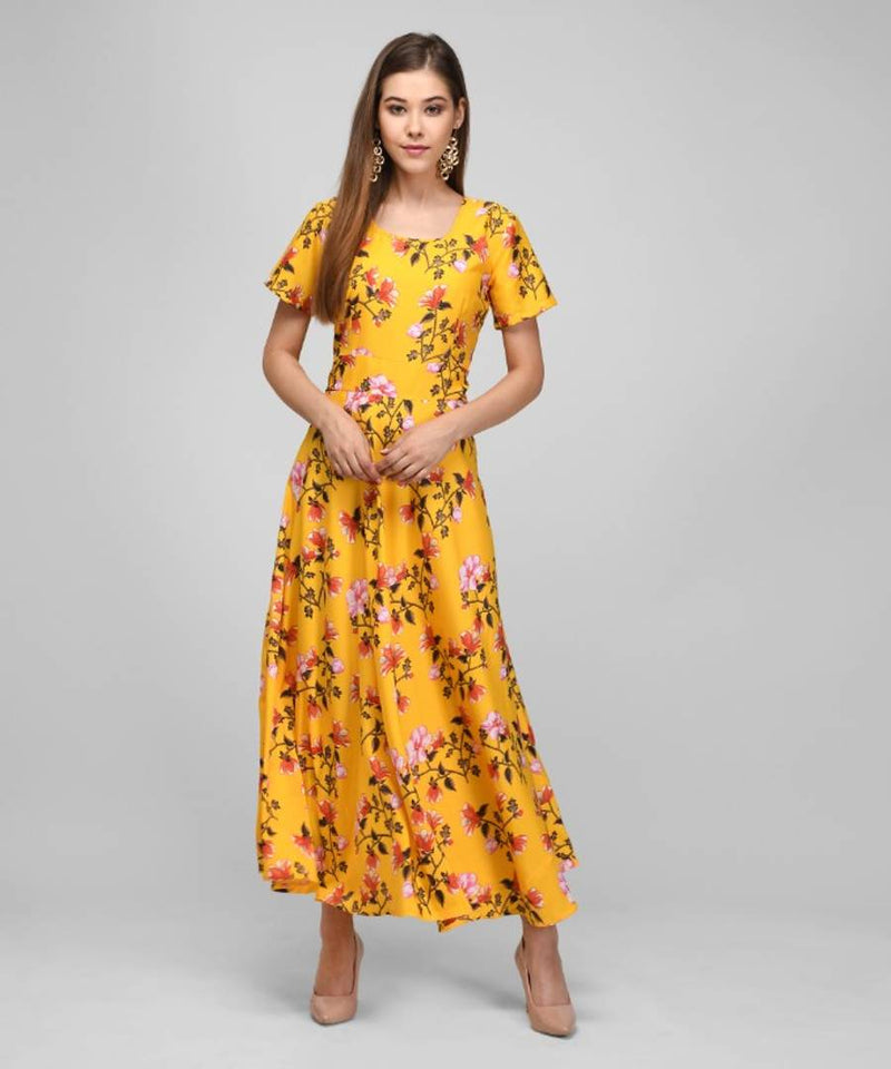 RAABTA 030 MUSTARD FLOWER PRINT LONG DRESS