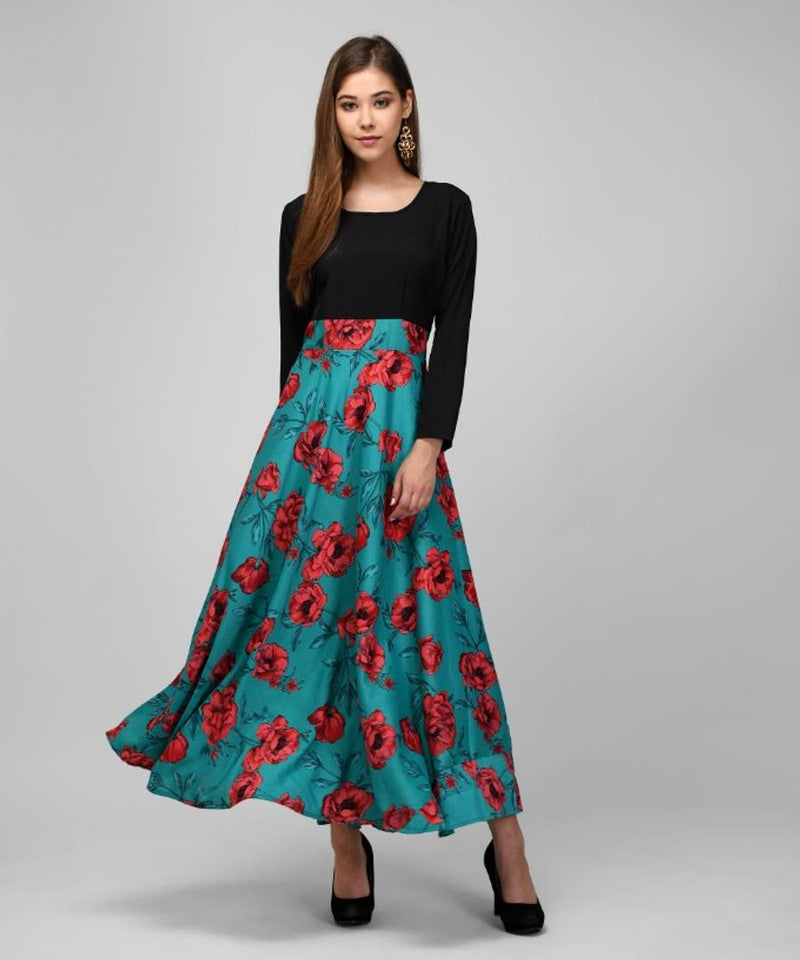 RBT- TURQUOISE UPPER FLOWER PRINT LONG DRESS