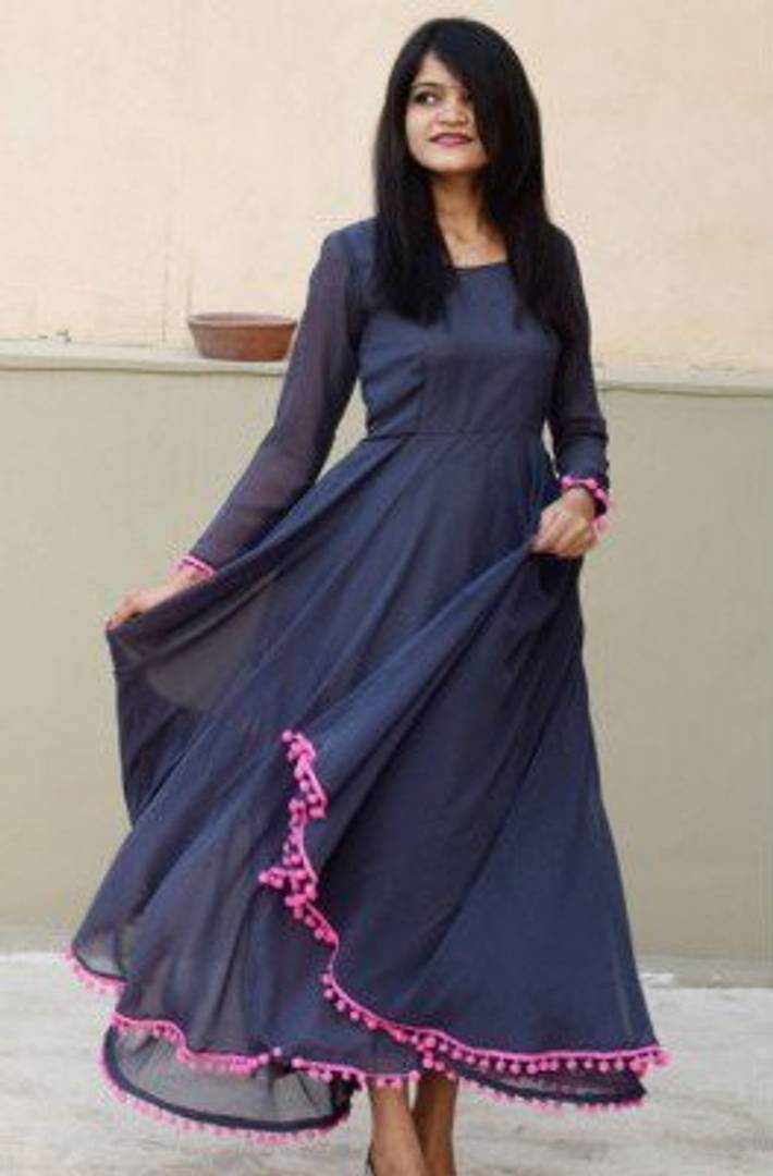 RBT- NAVY BLUE POM POM LONG  DRESS