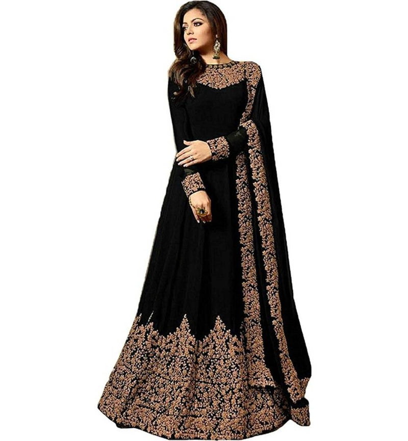 Stylish Georgette Embroidered Gown With Bottom And Dupatta Set