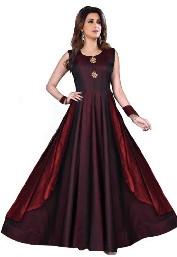 Designer Satin Solid Sleeveless Ethnic Gown For Women