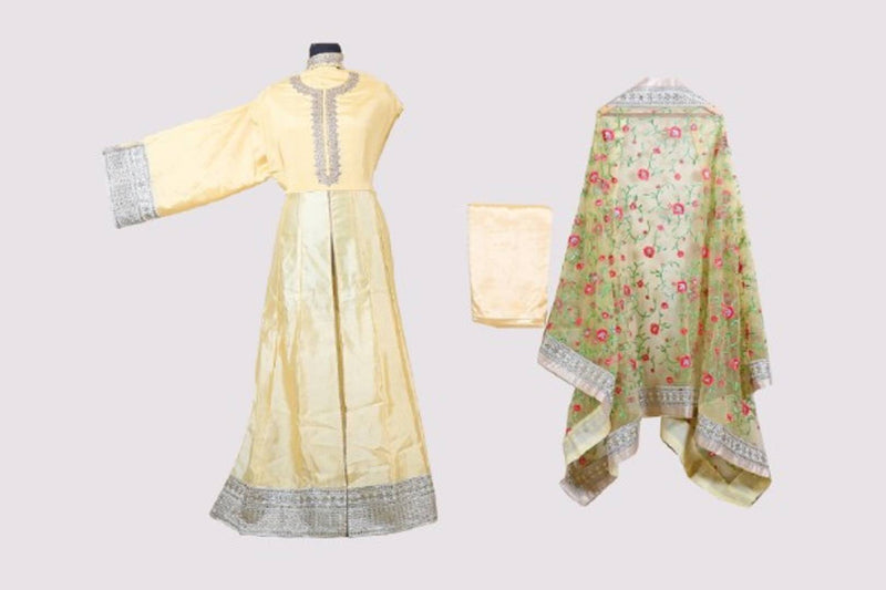 Plain Silk Anarkali Suit With Embroidered Net Dupatta ( Semi Stitched )