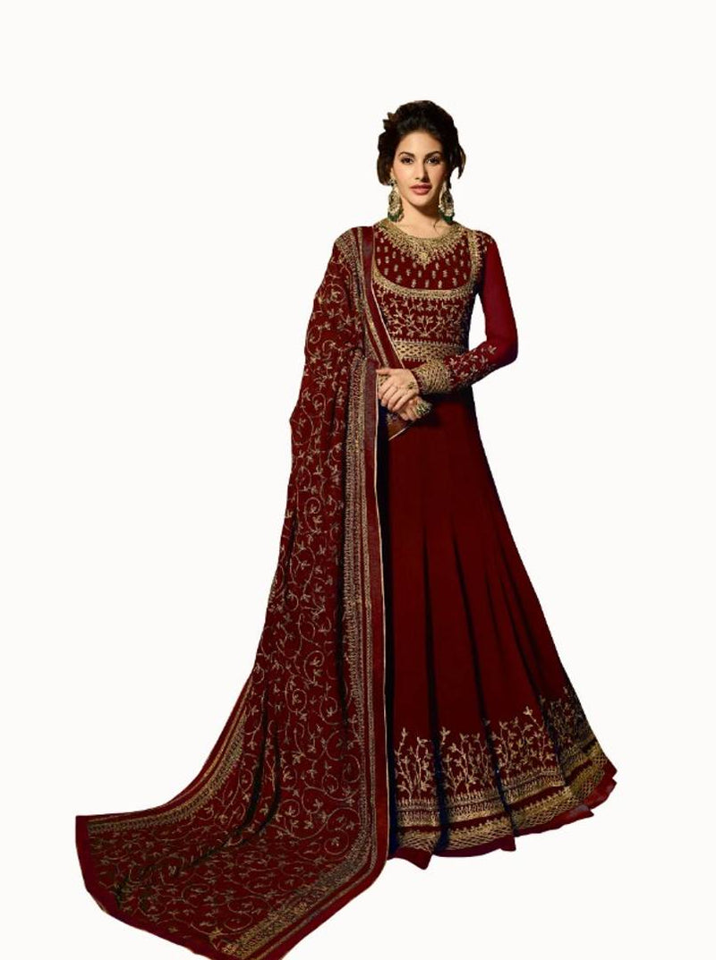 Maroon Georgette Embroidered Gown & Bottom Material  (Semi Stitched)